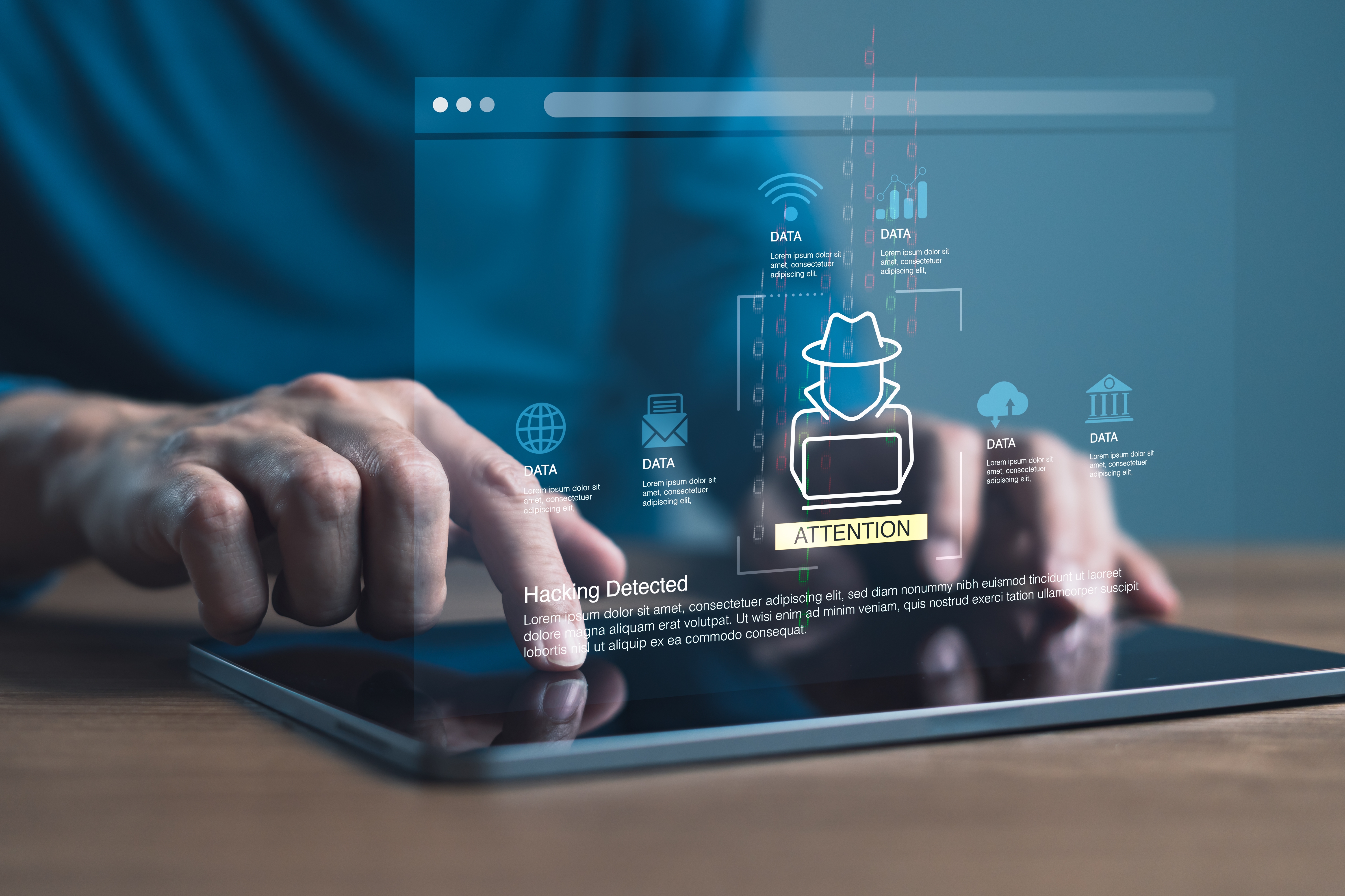 Hacking,Detected,Warning,On,Digital,Tablet,With,Hand,Typing,,Showing